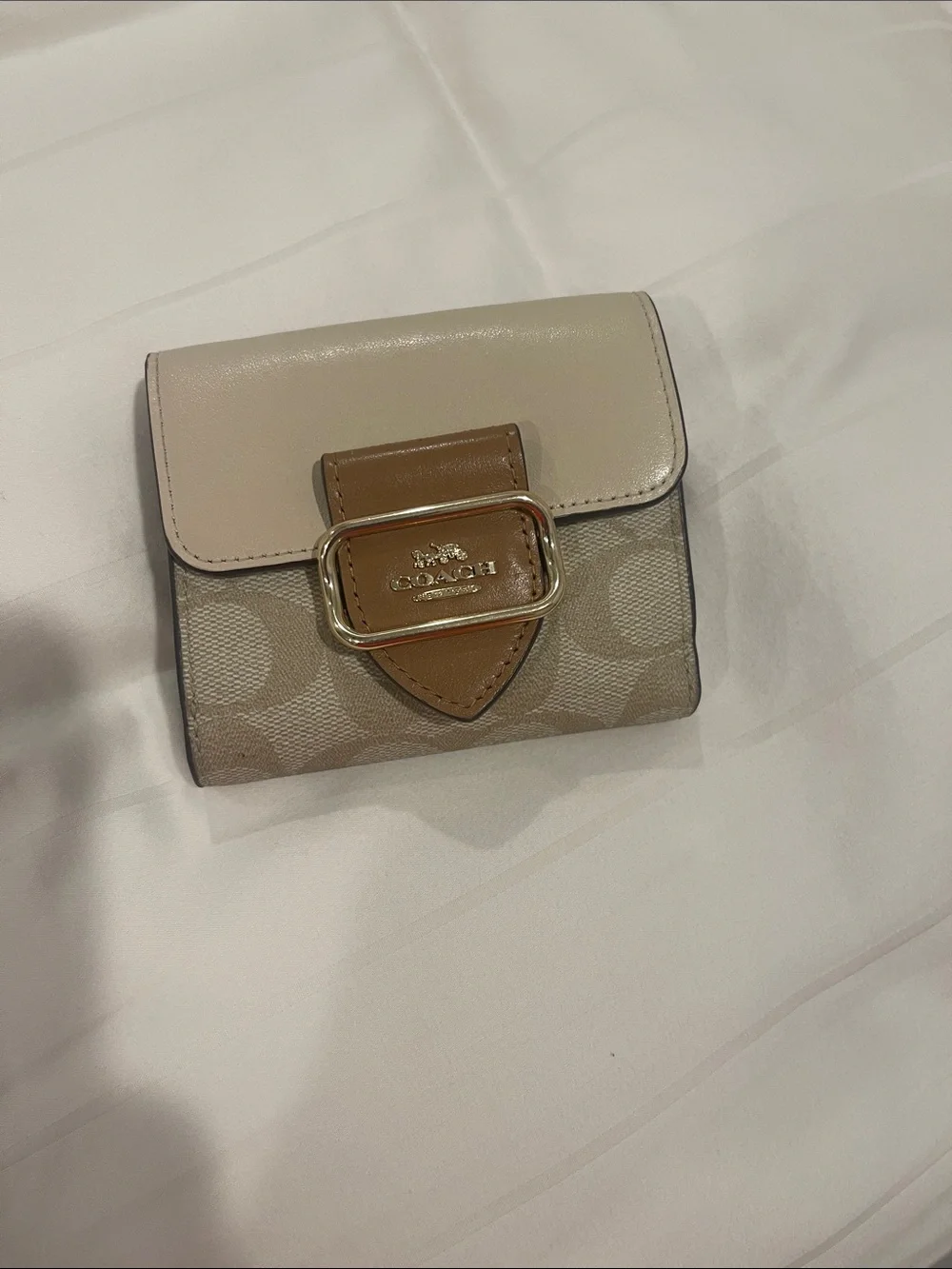 Coach Beige and Tan Signature Canvas Compact Wallet